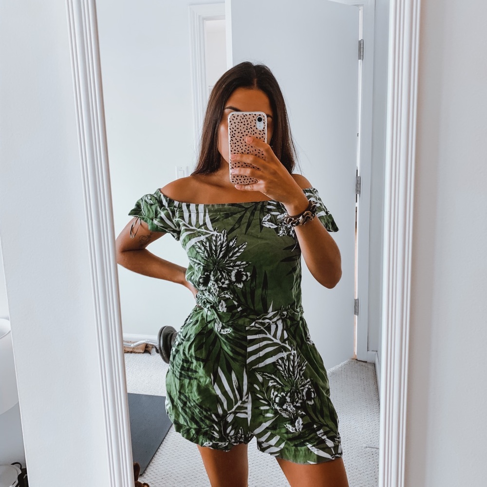 Guess Green Palm Tree Off the Shoulder Romper